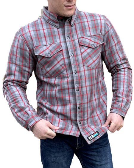Grey and Red Armored Motorcyle Flannel front2-Max-Quality